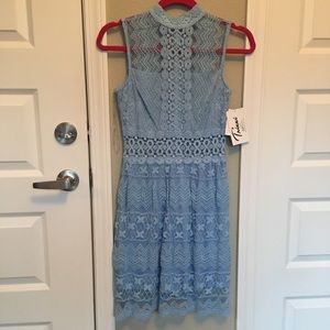 • Baby Blue Lace Mock-Neck Skater Dress •